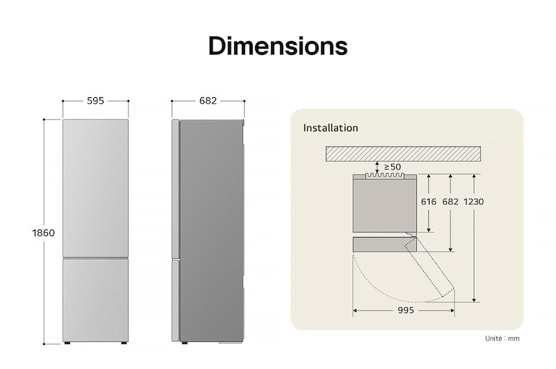 Réfrigérateur-congélateur LG GBV3100EEP dessin technique: H 1860, L 595, P 682 mm, avec mesures d'encastrement et dégagement de porte de 995 mm.