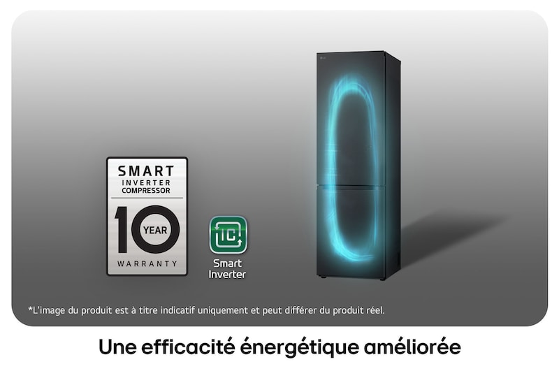 Réfrigérateur-congélateur LG GBV3100EEP avec le logo du Compresseur Smart Inverter, soulignant la garantie de 10 ans et l'efficacité énergétique.