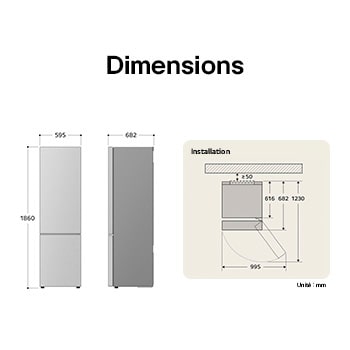 Réfrigérateur-congélateur LG GBV3100EEP dessin technique: H 1860, L 595, P 682 mm, avec mesures d'encastrement et dégagement de porte de 995 mm.