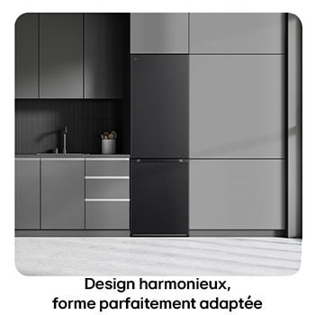 Réfrigérateur-congélateur LG GBV3100EEP noir mat, illustre le Design Modern Flat Door et l'intégration parfaite dans la cuisine moderne et sombre.