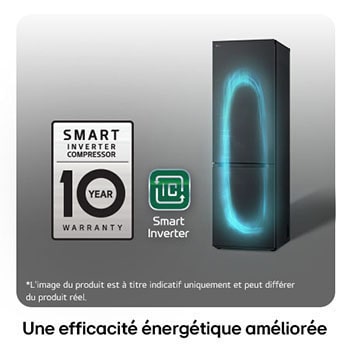Réfrigérateur-congélateur LG GBV3100EEP avec le logo du Compresseur Smart Inverter, soulignant la garantie de 10 ans et l'efficacité énergétique.