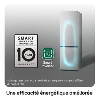 Réfrigérateur-congélateur LG GBV3100DPY avec le logo du Compresseur Smart Inverter, soulignant la garantie de 10 ans et l'efficacité énergétique.