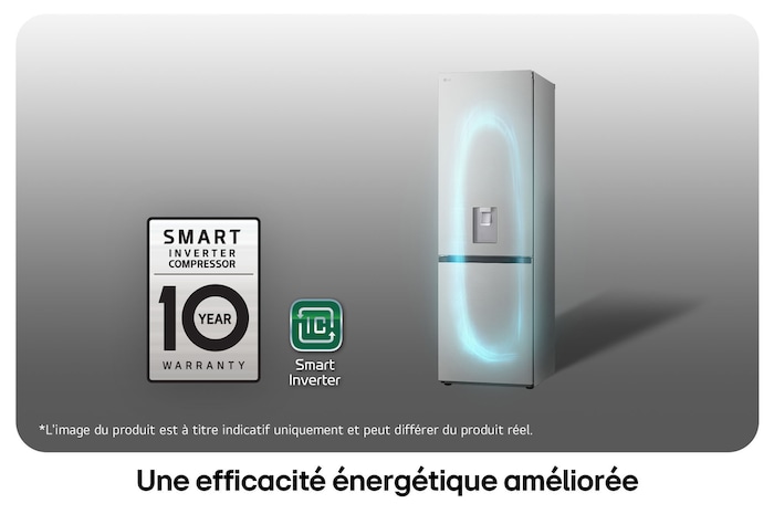 Réfrigérateur-congélateur LG GBF3102DPY avec le logo du Compresseur Smart Inverter, soulignant la garantie de 10 ans et l'efficacité énergétique.
