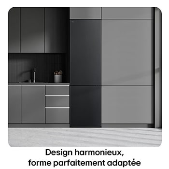 Réfrigérateur-congélateur LG GBV22NCDEP noir, illustre le Design Flat Door de 203 cm et l'intégration parfaite dans la cuisine moderne et sombre.