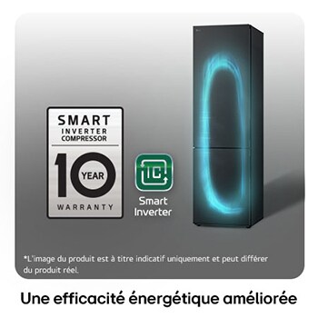 Réfrigérateur-congélateur LG GBV22NCDEP avec le logo du Compresseur Smart Inverter, soulignant la garantie de 10 ans et l'efficacité énergétique.