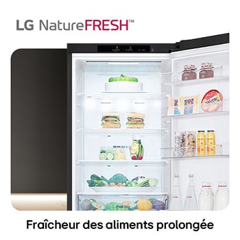 Réfrigérateur-congélateur LG GBV22NCDEP illustre l'intérieur NatureFRESH avec porte-bouteilles et bacs à légumes para une fraîcheur longue durée.