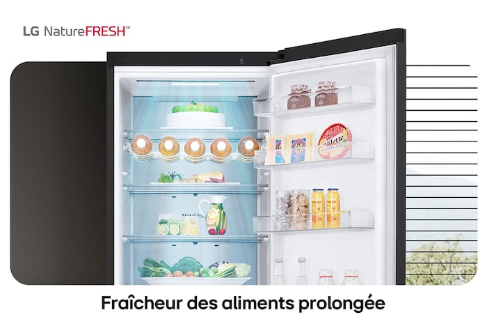 Réfrigérateur-congélateur LG GBV5250EEP illustre l'intérieur NatureFRESH avec porte-bouteilles et bacs à légumes para une fraîcheur longue durée.