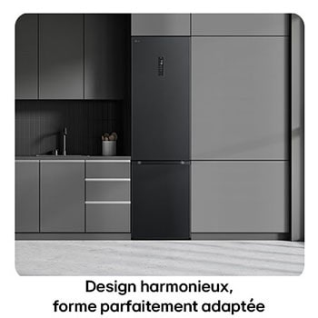 Réfrigérateur-congélateur LG GBV5250EEP noir, illustre le Design Flat Door de 203 cm et l'intégration parfaite dans la cuisine moderne et sombre.