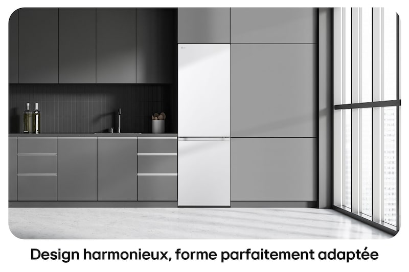 Réfrigérateur-congélateur LG GBV3100ESW blanc, illustre le Design Modern Flat Door et l'intégration parfaite dans la cuisine moderne et sombre.