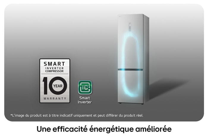 Réfrigérateur-congélateur LG GBV5250EPY avec le logo du Compresseur Smart Inverter, soulignant la garantie de 10 ans et l'efficacité énergétique.