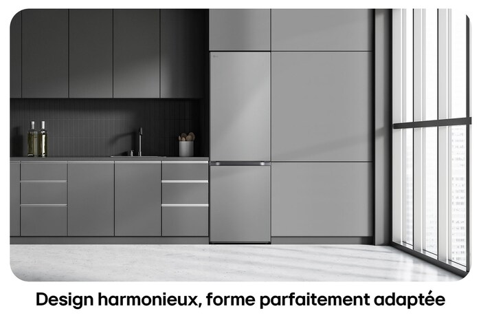 Réfrigérateur-congélateur LG GBV3100EPY Silver, illustre le Design Modern Flat Door et l'intégration parfaite dans les meubles de cuisine.