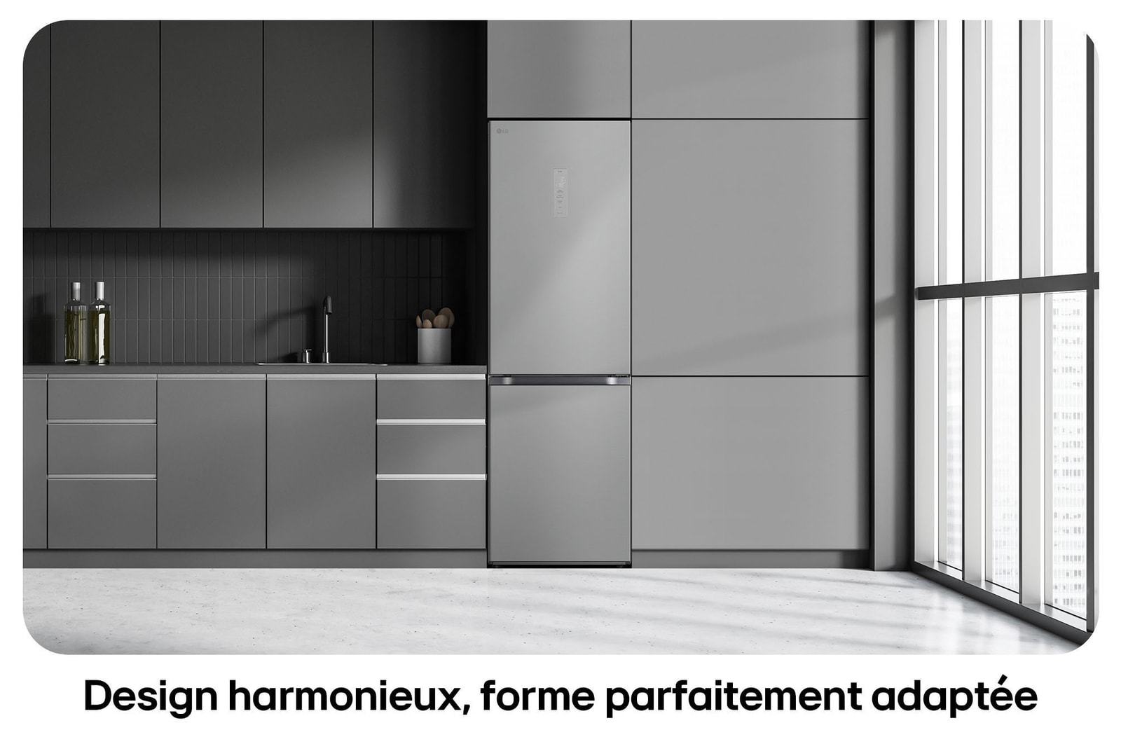 Réfrigérateur-congélateur LG GBV3110EPY Silver, illustre le Design Modern Flat Door et l'intégration parfaite dans les meubles de cuisine.