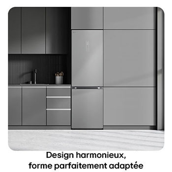 Réfrigérateur-congélateur LG GBV3110EPY Silver, illustre le Design Modern Flat Door et l'intégration parfaite dans les meubles de cuisine.