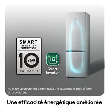 Réfrigérateur-congélateur LG GBV3110EPY avec le logo du Compresseur Smart Inverter, soulignant la garantie de 10 ans et l'efficacité énergétique.