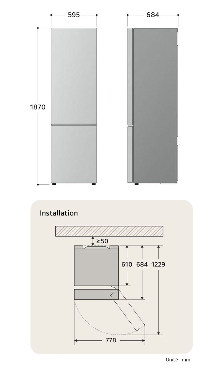 Réfrigérateur Bottom Freezer LG dessin technique: H 1870, L 595, P 684 mm, avec mesures d'encastrement et $\ge$50 mm de dégagement du mur.