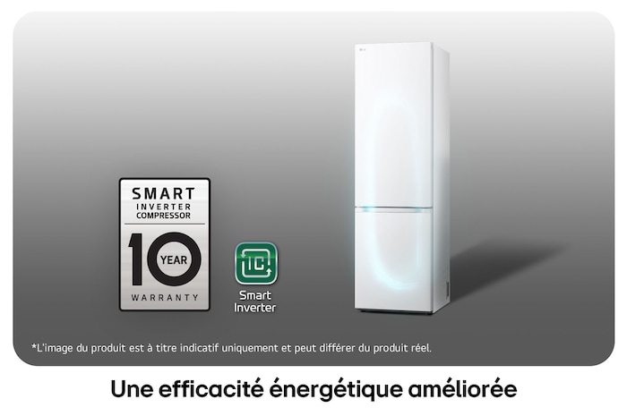 Réfrigérateur-congélateur LG GBV3200DSW avec le logo du Compresseur Smart Inverter, soulignant la garantie de 10 ans et l'efficacité énergétique.