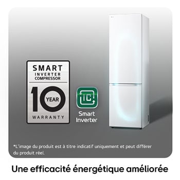 Réfrigérateur-congélateur LG GBV3200DSW avec le logo du Compresseur Smart Inverter, soulignant la garantie de 10 ans et l'efficacité énergétique.