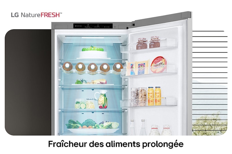 Réfrigérateur-congélateur LG GBV5240APY illustre l'intérieur NatureFRESH avec porte-bouteilles et bacs à légumes para une fraîcheur longue durée.