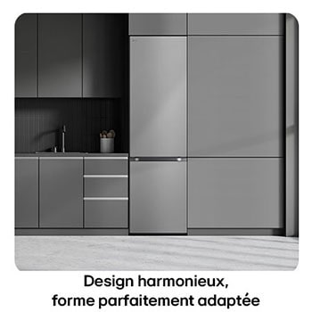 Réfrigérateur-congélateur LG GBV5240APY Silver, illustre le Design Flat Door de 203 cm et l'intégration parfaite dans les meubles de cuisine modernes.