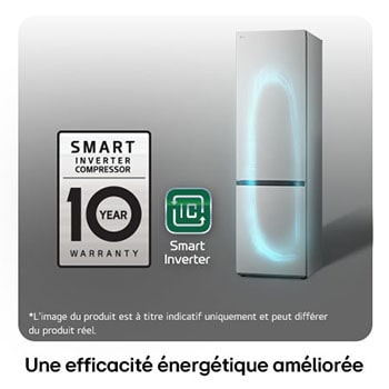Réfrigérateur-congélateur LG GBV5240APY avec le logo du Compresseur Smart Inverter, soulignant la garantie de 10 ans et l'efficacité énergétique.