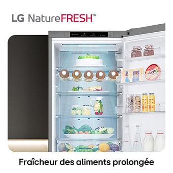 Réfrigérateur-congélateur LG GBV5240APY illustre l'intérieur NatureFRESH avec porte-bouteilles et bacs à légumes para une fraîcheur longue durée.