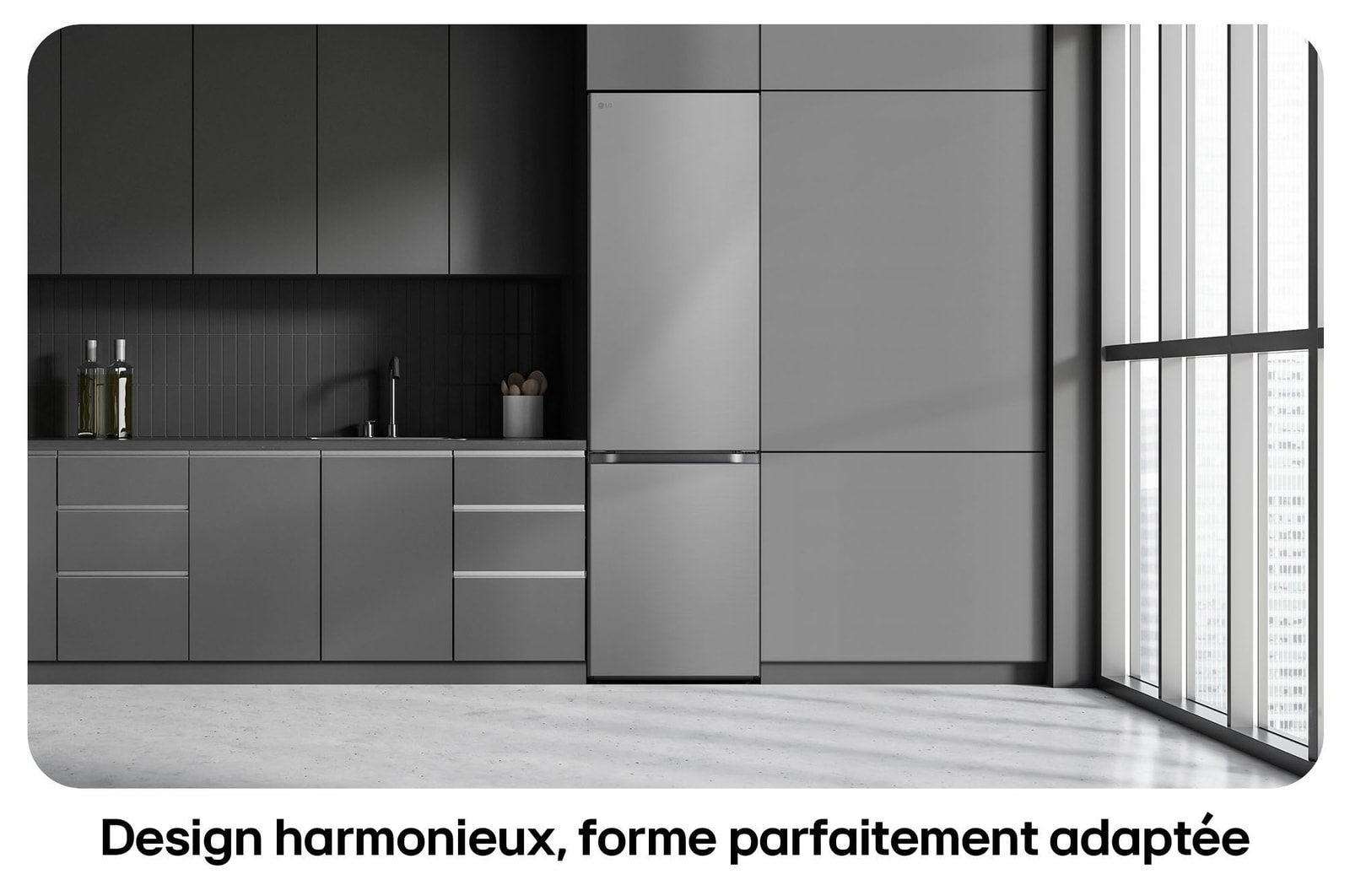 Réfrigérateur-congélateur LG GBV5240DPY Silver, illustre le Design Flat Door de 203 cm et l'intégration parfaite dans les meubles de cuisine modernes.
