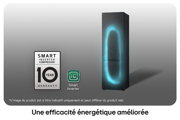 Réfrigérateur-congélateur LG GBV5240DEP avec le logo du Compresseur Smart Inverter, soulignant la garantie de 10 ans et l'efficacité énergétique.