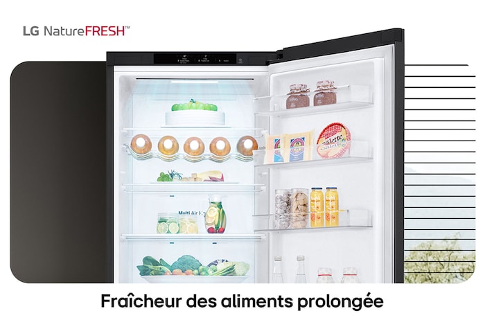 Réfrigérateur-congélateur LG GBV5240DEP illustre l'intérieur NatureFRESH avec porte-bouteilles et bacs à légumes para une fraîcheur longue durée.