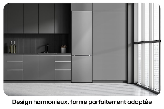 Réfrigérateur-congélateur LG GBV3200DPY Silver, illustre le Design Flat Door de 203 cm et l'intégration parfaite dans les meubles de cuisine modernes.