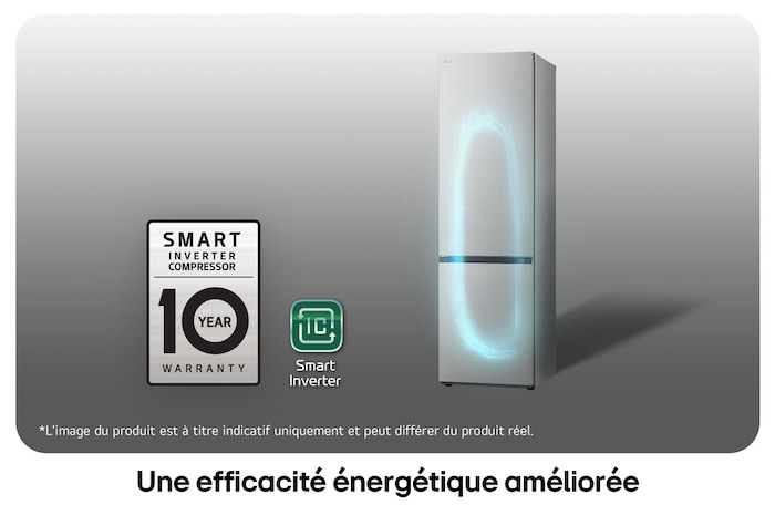 Réfrigérateur-congélateur LG GBV3200DPY avec le logo du Compresseur Smart Inverter, soulignant la garantie de 10 ans et l'efficacité énergétique.