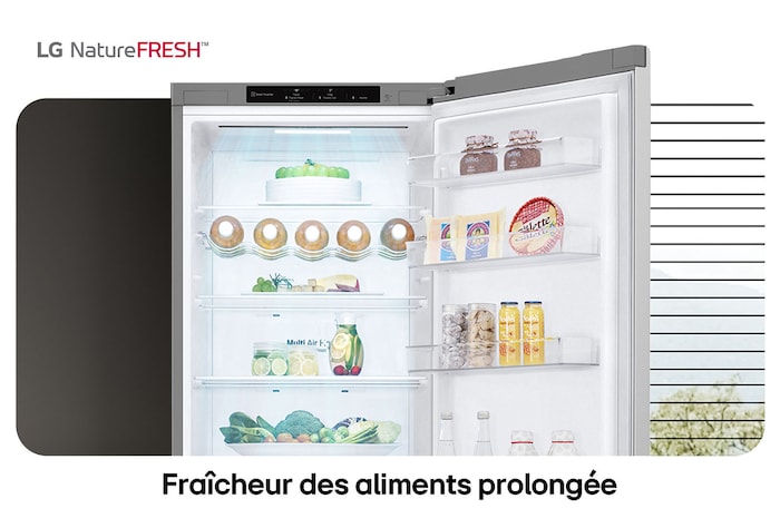 Réfrigérateur-congélateur LG GBV3200DPY illustre l'intérieur NatureFRESH avec porte-bouteilles et bacs à légumes para une fraîcheur longue durée.