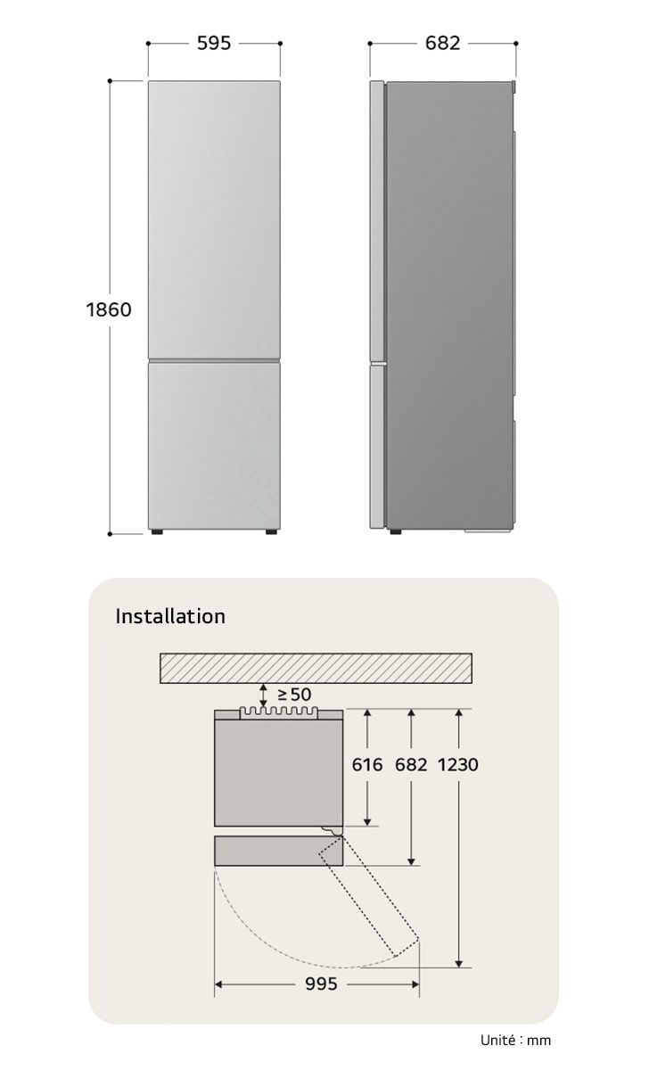 Réfrigérateur-congélateur LG GBB61SWJEC dessin technique: H 1860, L 595, P 682 mm, avec mesures d'encastrement et dégagement de porte de 995 mm.