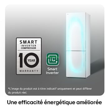 Réfrigérateur-congélateur LG GBB61SWJEC avec le logo du Compresseur Smart Inverter, soulignant la garantie de 10 ans et l'efficacité énergétique.