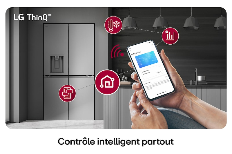Réfrigérateur Multi-Portes LG GMF960PY2E au fini argenté, présentant le système LG ThinQ™ et le contrôle des réglages à distance via une application mobile.
