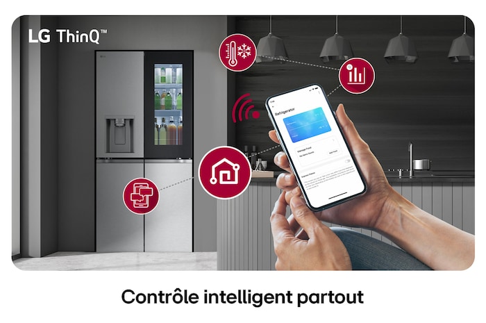 Réfrigérateur Multi-Portes LG GMG860MBBE au fini acier inoxydable, présentant le système LG ThinQ™ et le contrôle des réglages à distance via une application mobile.
