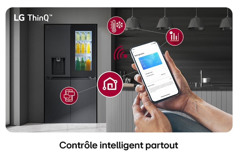 Réfrigérateur Multi-Portes LG GMG960EVEE noir mat, présentant le système LG ThinQ™ et le contrôle des réglages à distance via une application mobile.