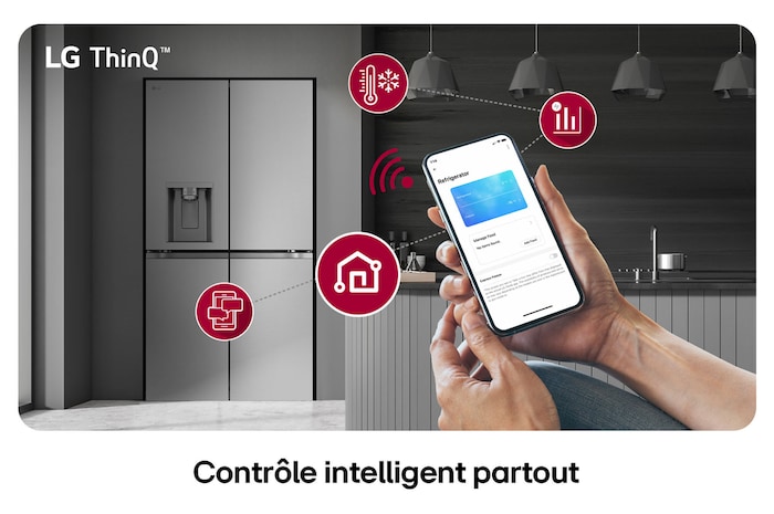 Réfrigérateur Multi-Portes LG GML960PYBE au fini argenté, présentant le système LG ThinQ™ et le contrôle des réglages à distance via une application mobile.