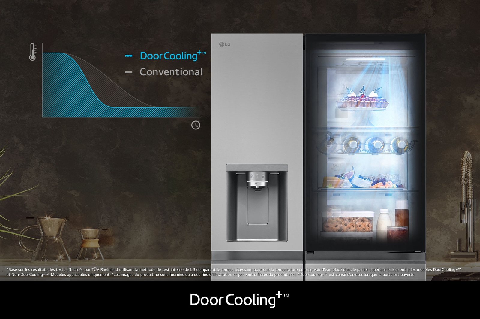 Réfrigérateur Américain LG GSXE80PYBD illustrant la technologie **DoorCooling+™** : graphique et effet visuel prouvant un refroidissement plus rapide et uniforme près de la porte.