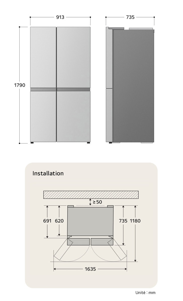 Réfrigérateur Side-by-Side LG dessin technique: H 1790, L 913, P 735 mm, avec mesures d'encastrement et $\ge$50 mm de dégagement du mur.