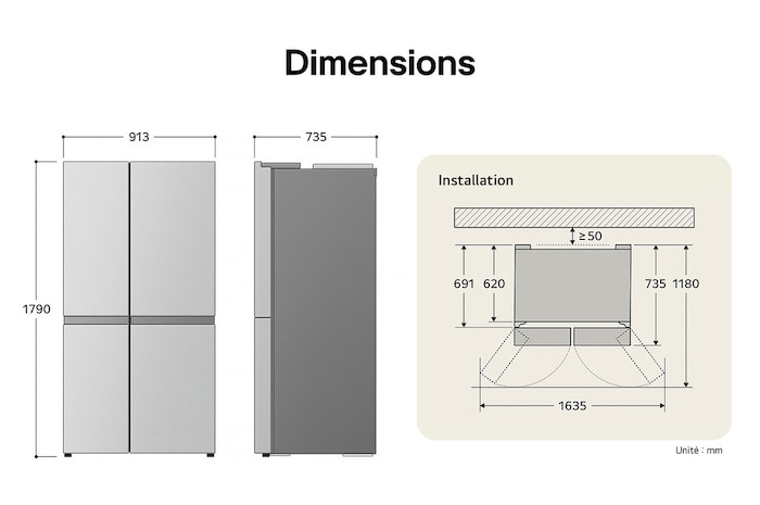 Réfrigérateur Side-by-Side LG dessin technique: H 1790, L 913, P 735 mm, avec mesures d'encastrement et $\ge$50 mm de dégagement du mur.