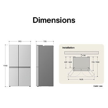 Réfrigérateur Side-by-Side LG dessin technique: H 1790, L 913, P 735 mm, avec mesures d'encastrement et $\ge$50 mm de dégagement du mur.