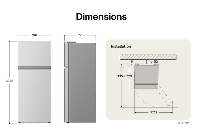 Réfrigérateur Top-Freezer LG dessin technique: H 1845, L 700, P 725 mm, avec mesures d'encastrement et $\ge$50 mm de dégagement du mur.