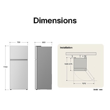 Réfrigérateur Top-Freezer LG dessin technique: H 1760, L 700, P 680 mm, avec mesures d'encastrement et $\ge$50 mm de dégagement du mur.