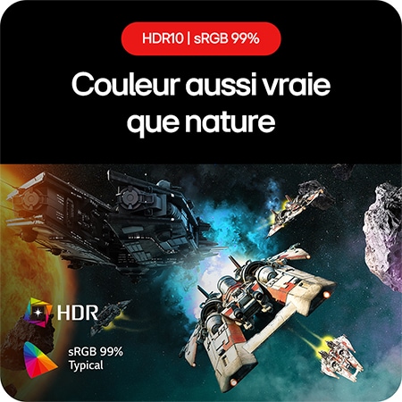 Moniteur Gaming LG UltraGear 24GS60F, permettant de ressentir des couleurs plus vraies que nature grâce à la prise en charge HDR10 et à la couverture sRGB de 99%.