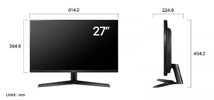 Moniteur LG UltraGear 27GS60F affichant les dimensions de face et de profil, mesurant 614.2 mm de largeur, 364.8 mm de hauteur d'écran, 454.2 mm de hauteur totale et 224.8 mm de profondeur.