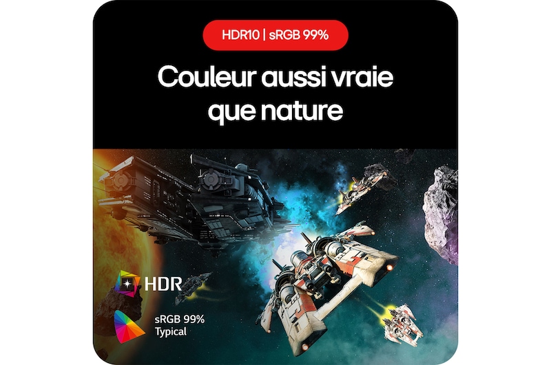 Moniteur Gaming LG UltraGear 27GS60F, permettant de ressentir des couleurs plus vraies que nature grâce à la prise en charge HDR10 et à la couverture sRGB de 99%.