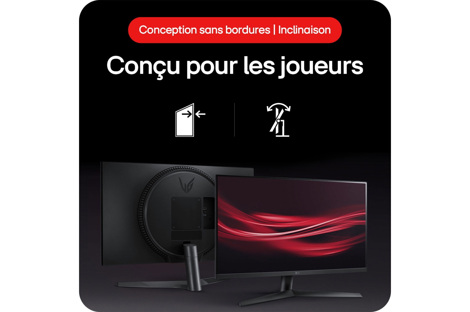 Moniteur Gaming LG UltraGear 27GS60F, présentant un design sans bordures et la fonctionnalité d'inclinaison (Tilt) du support, conçu pour les joueurs.