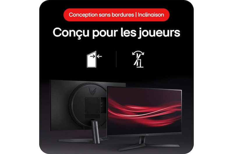 Moniteur Gaming LG UltraGear 27GS60F, présentant un design sans bordures et la fonctionnalité d'inclinaison (Tilt) du support, conçu pour les joueurs.