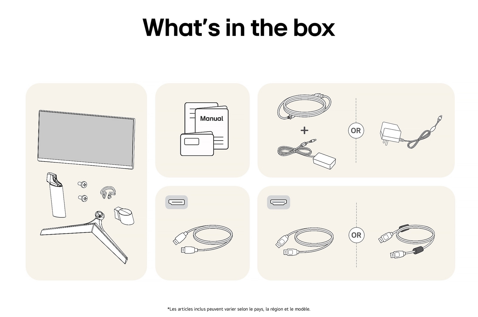 Illustration des accessoires fournis avec le Moniteur LG UltraGear 27GS60F, détaillant le manuel, l'adaptateur secteur CA et les options de câble HDMI ou DisplayPort incluses.