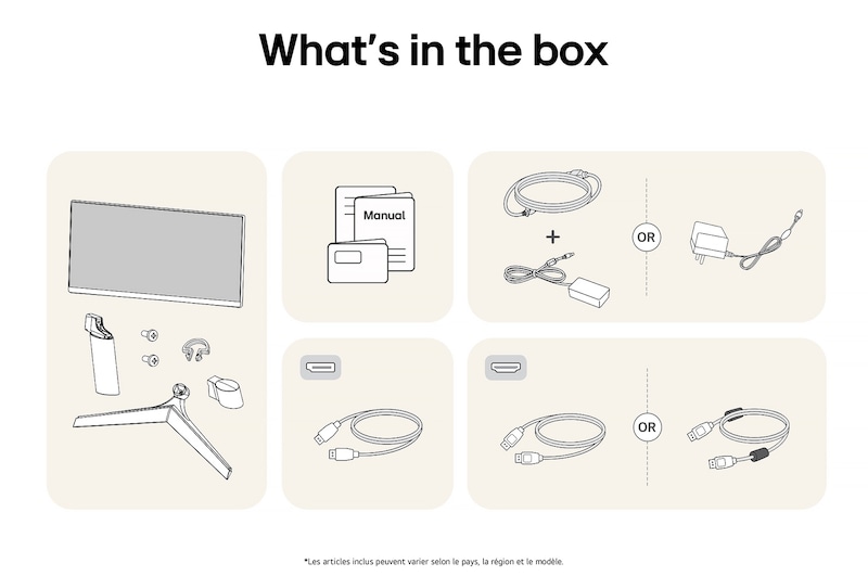 Illustration des accessoires fournis avec le Moniteur LG UltraGear 27GS60F, détaillant le manuel, l'adaptateur secteur CA et les options de câble HDMI ou DisplayPort incluses.